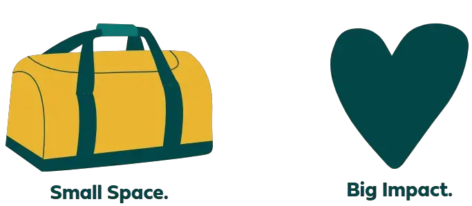 Banner with the slogan 'Small Space, Big Impact' for the Pack for a Purpose initiative supporting Eco Caminhos
