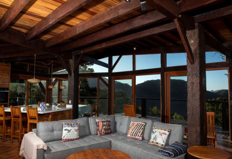 Natural building house dining room with sustainable design at an eco farm Brazil