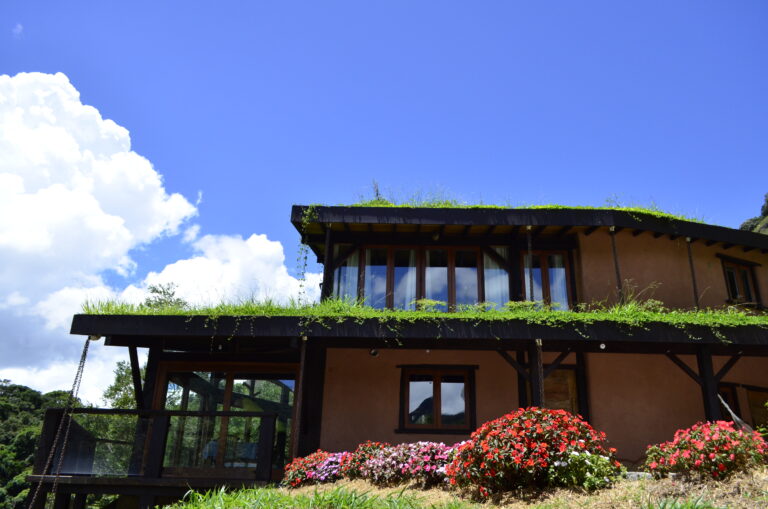 Eco house with green roof and garden at a permaculture farm in Brazil