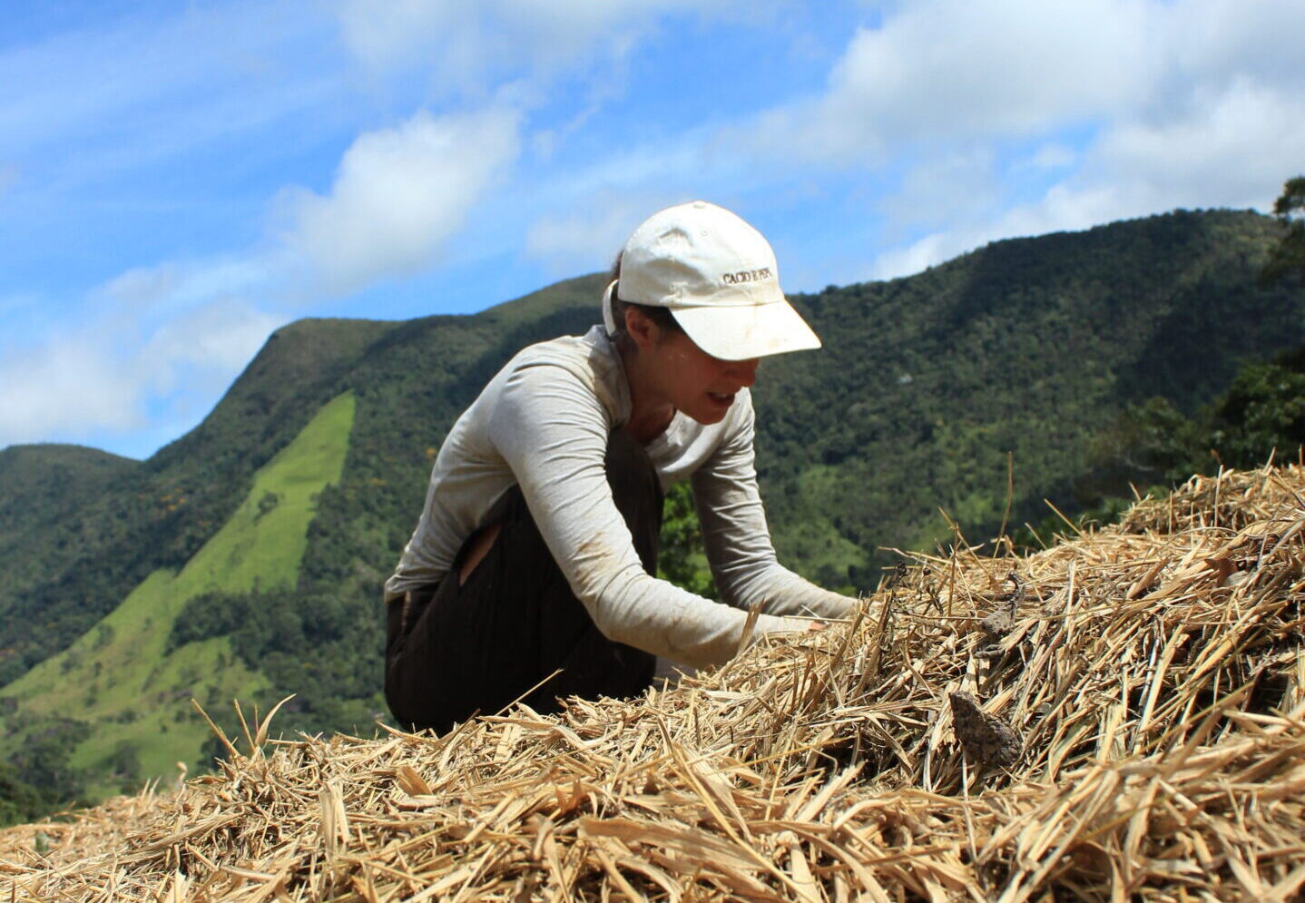 Volunteer planting native species in an agroforestry system at Eco Caminhos in Brazil.