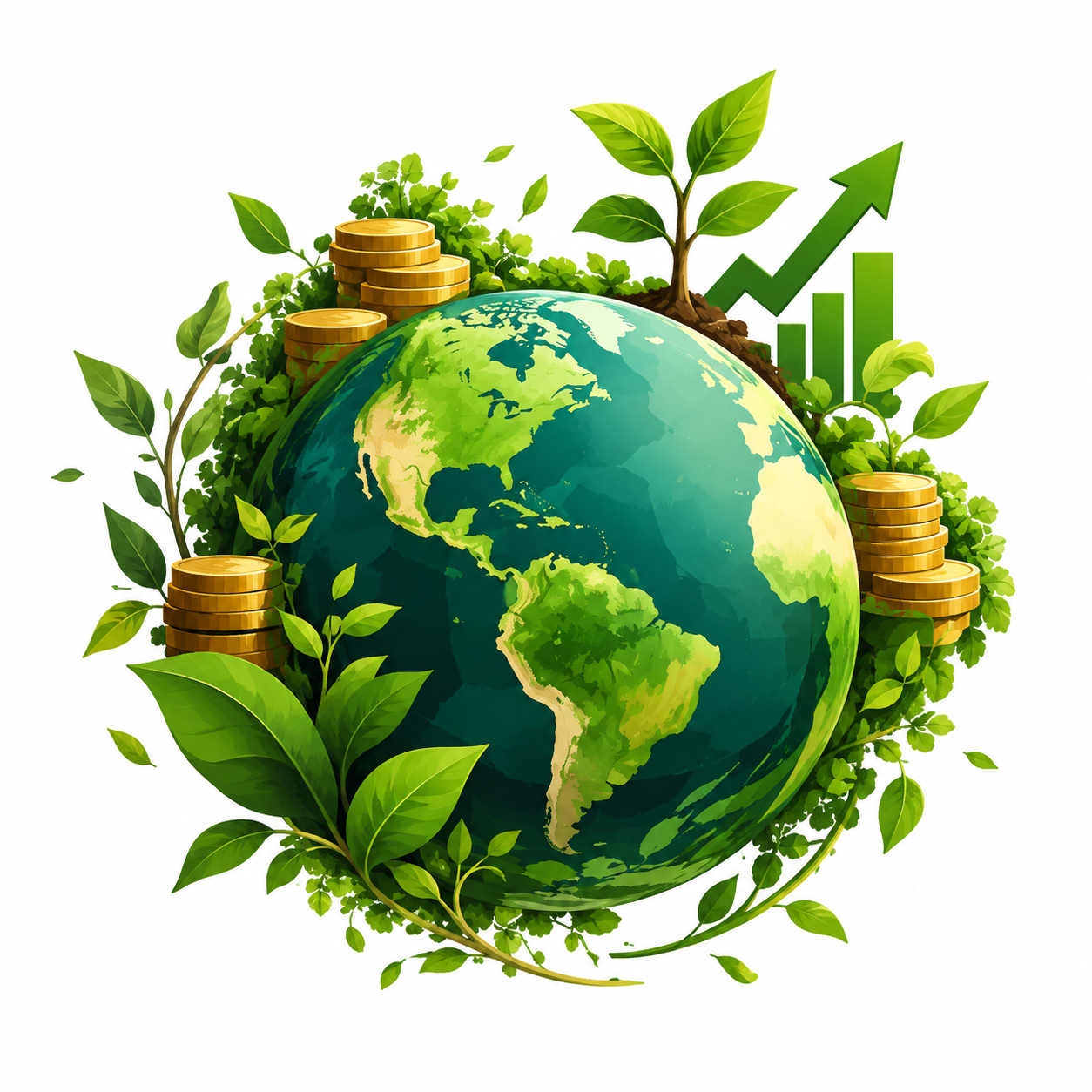 Illustration of Earth covered in green foliage, surrounded by stacks of gold coins and a green upward-trending growth arrow with bar chart, symbolizing sustainable economic growth.